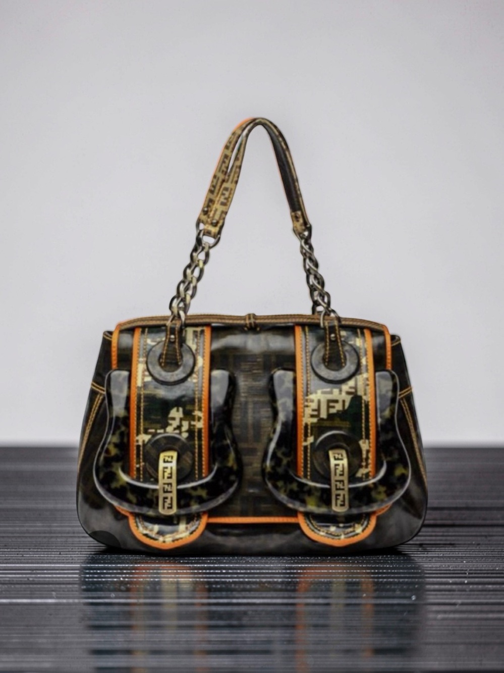 AUTHENTIC Fendi B-Bag Zucca in Patent Leather and Genuine Leather Trim Vintage
